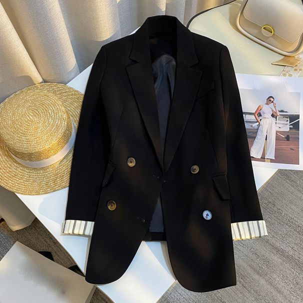 Women's Clothing Black Splicing Suit Jacket Spring High End Fashion Commuting Versatile Temperament Casual Suit_ecoleips.com