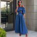 Women's Clothing One Shoulder Navel Baring Top Short Sleeved Wide Leg Solid Color Denim Suit For Women_ecoleips.com