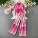 Women's Two Piece Set Round Neck Top With Gradient Pink Embroidered Pearl Buttons Loose Wide Leg Pants Gentle Feminine_ecoleips.com