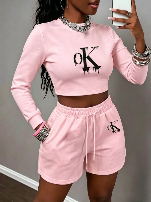 Women's Clothing In Stock Trendy Cross Border Brand Spring/summer New Arrival Letter Print Crew Neck Cropped Sweatshirt + Elastic Waist Shorts_ecoleips.com