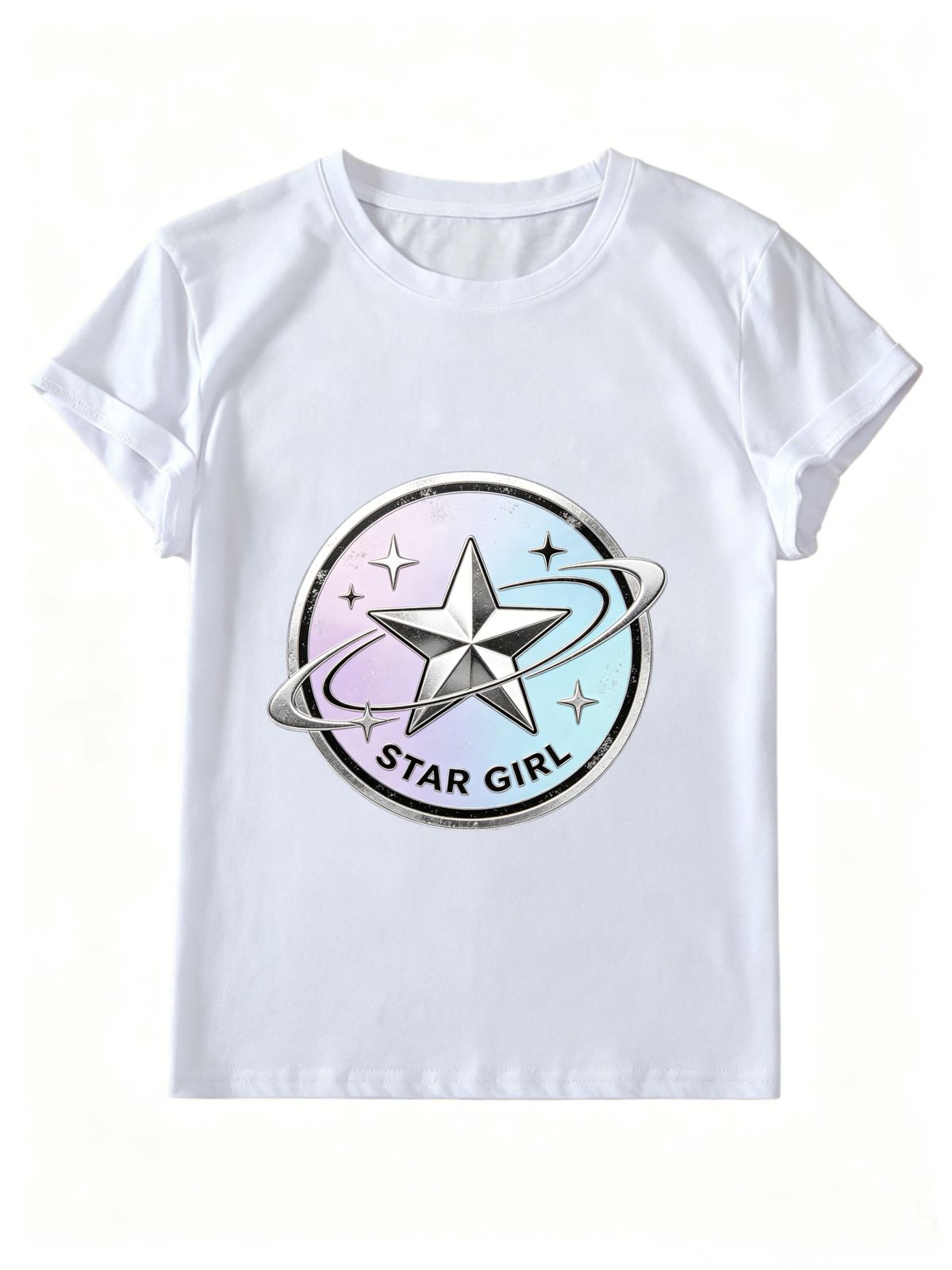 Women Y2K Star Girl Holographic Planet Graphic T-Shirt Chrome Five Pointed Star Print Crew Neck Short Sleeve White Casual Tee_ecoleips.com
