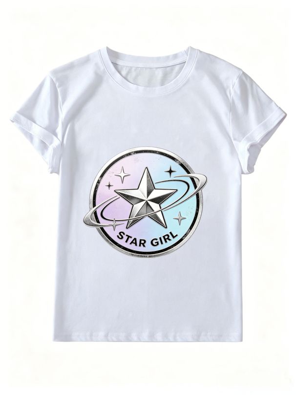 Women Y2K Star Girl Holographic Planet Graphic T-Shirt Chrome Five Pointed Star Print Crew Neck Short Sleeve White Casual Tee_ecoleips.com