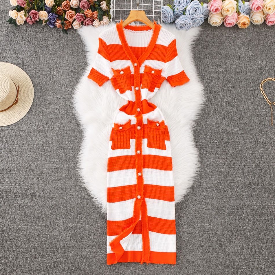 Women's Clothing Tassel Edge V Neck Knitted Dress Slim Fit Temperament Slit Striped Color Long Skirt_ecoleips.com