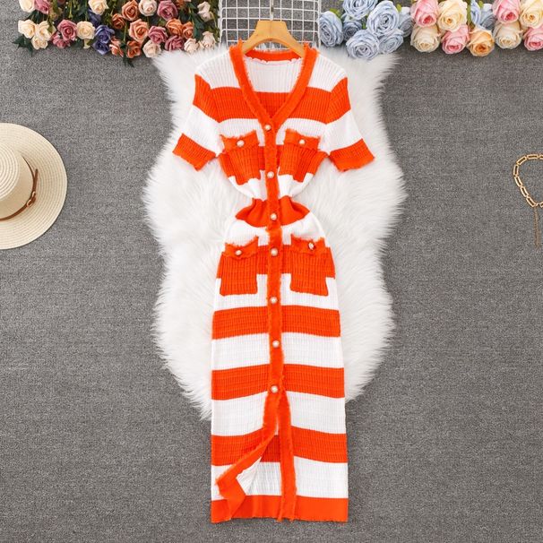 Women's Clothing Tassel Edge V Neck Knitted Dress Slim Fit Temperament Slit Striped Color Long Skirt_ecoleips.com