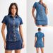 Women's Clothing Short Sleeved Denim Button Lapel Top High Waist Skirt Suit_ecoleips.com