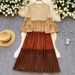 Women's Clothing New Color Matching Round Neck Beading Temperament Plus Size Women's Pleated Dress_ecoleips.com