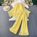 Vacation-Ready Yellow Off-Shoulder Ruffle Dress & Flared Sleeve Top Set – Flowy Midi Skirt & Asymmetrical Hem For Sun-Kissed Glow (S/M/L/XL)_ecoleips.com