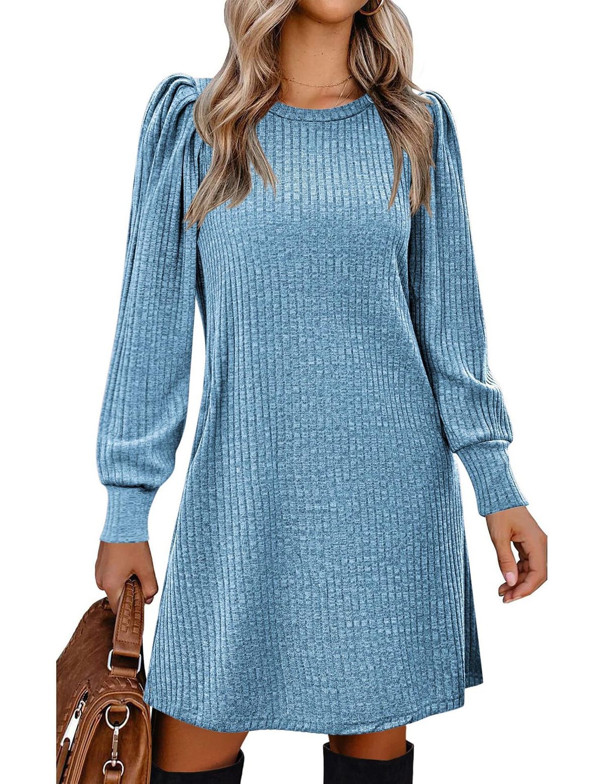 Women's Knitted Dress Bubble Long Sleeve Round Neck Casual Waist Cinching Outerwear Autumn Winter Fashion_ecoleips.com