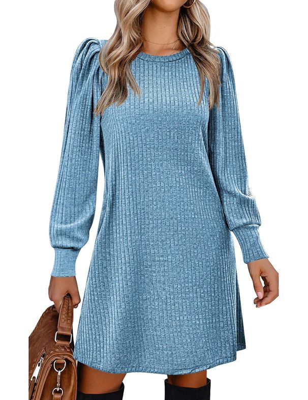 Women's Knitted Dress Bubble Long Sleeve Round Neck Casual Waist Cinching Outerwear Autumn Winter Fashion_ecoleips.com
