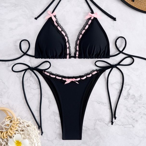 Women's Sexy Lace-Up Bikini Set Two-Piece Swimsuit Lace Edge Bow Design Polyester_ecoleips.com