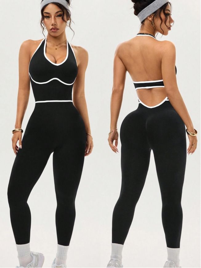 High Waisted Color Blocked Nude Backless Running Fitness Yoga Jumpsuit Relaxed Everyday Wear Versatile Comfortable Feshion Trend_ecoleips.com