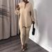 Women’s Clothing V neck lantern sleeves bottom slit shirt and trousers two piece set_ecoleips.com