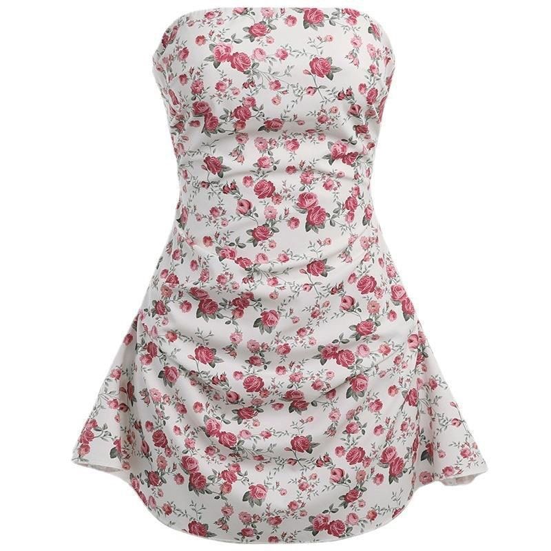Strapless Floral Backless Bodycon Mini Dress – A-Line Cutout Summer Sundress With Elasticated Waist (S-L, Pink Floral Print)_ecoleips.com
