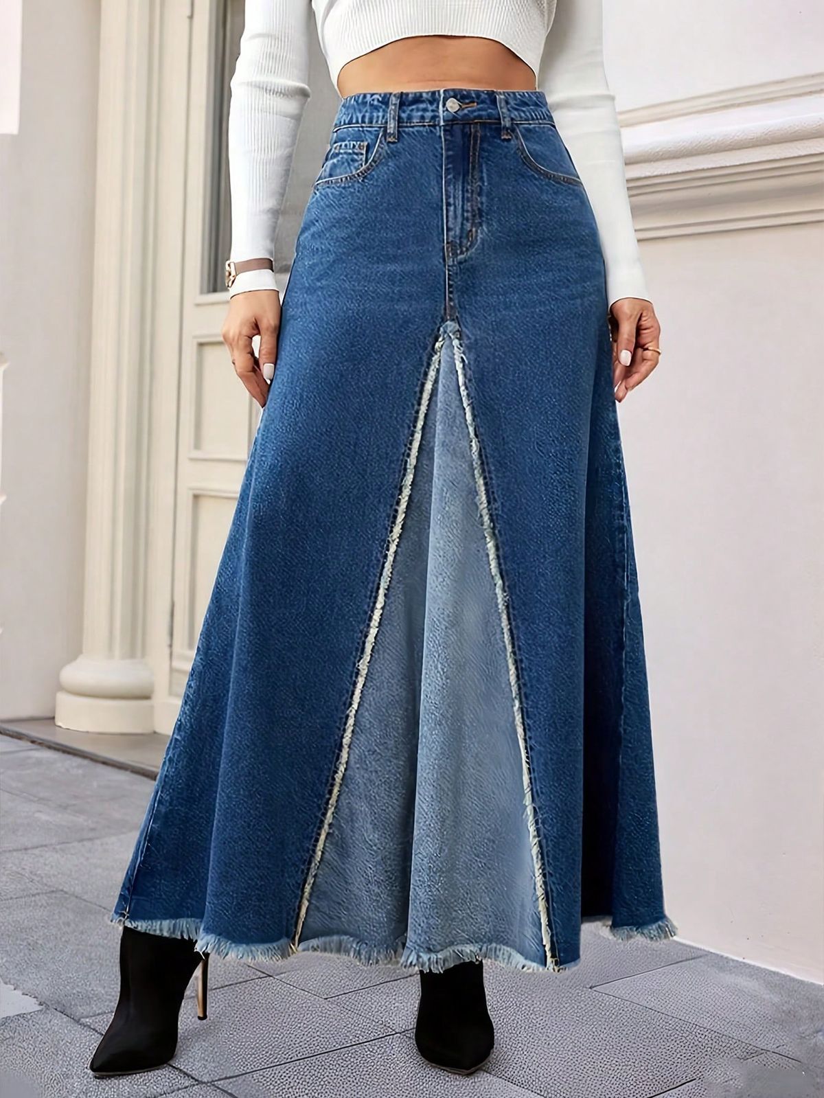 Summer New Women's Large Skirt Patchwork Denim A-Line Long Skirt With Frayed Edges Style Clothing_ecoleips.com