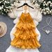 Women's Yellow Dress French Style Halter Neck Suspender Ruffle Patchwork Cake Style Short Summer 2025_ecoleips.com