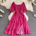 2026 Fashion New Summer Flower Print Long Dress Women Vintage Square Neck Ruched Chest Split Sundress Party Vestidos_ecoleips.com