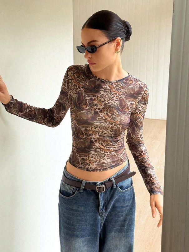 Women's Sexy Leopard Print Sheer Slim Fit Long Sleeve Base Layer Top European American Style Cross Border Outerwear_ecoleips.com
