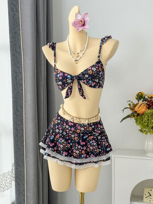Floral Ruffled Spaghetti Strap Two Piece Swimsuit Bikini European American Style for Women Beach Vacation Casual Summer Top Bottom Separate_ecoleips.com