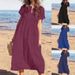 Women's Clothing New Solid Color V Neck Short Sleeved Loose Casual Long Women's Cotton And Linen Dress_ecoleips.com