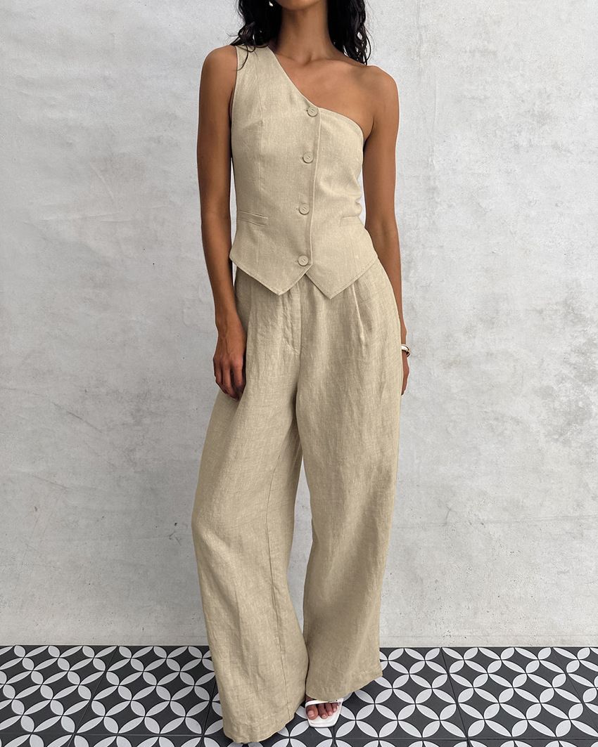 Women's Clothing One Shoulder Vest High Waist Wide Leg Pants Two Piece Suit_ecoleips.com