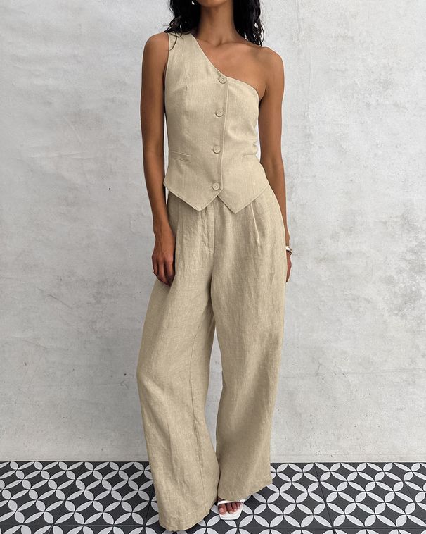 Women's Clothing One Shoulder Vest High Waist Wide Leg Pants Two Piece Suit_ecoleips.com