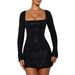 Elegant Square Neck Sequin Party Dress – Glamorous Bodycon Mini Dress For Women (Gold/Black, S/M/L/Xl)_ecoleips.com