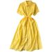 Women's Clothing Skirt Gentle Style Lapel Puff Sleeve Mid Length Shirt Dress Women's Lace Up Slimming Hollow_ecoleips.com