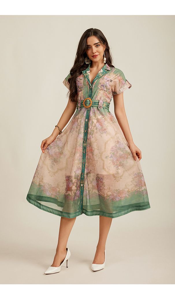 Women's Beach Resort Style Printed Dress French Shirt Collar with Belt Australian Niche Design Casual Maxi Dress_ecoleips.com