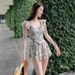 Sweet Floral Print Ruffle Sleeve One Piece Swimsuit Dress With Flared Skirt Modest Swimwear For Beach Pool Vacation_ecoleips.com