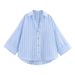 Women's Fashionable Casual Striped Shirt Spring/Summer European American Style Collared Wide Sleeved Blouse Regular Fit Polyester_ecoleips.com