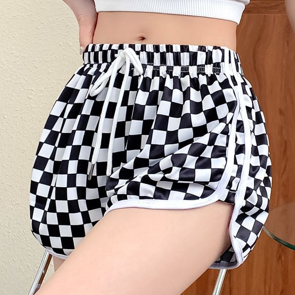 Women's Clothing Checkerboard Shorts Women Summer New Casual Sports Pants Thin High Waist Slim Hot Pants_ecoleips.com