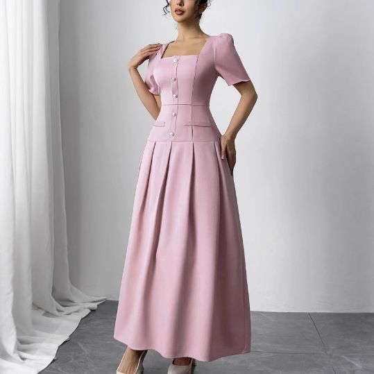 Voya Recommend! Women's Long Summer New Style Simple Temperament, Waist Cinching And Slimming Square Neck Dress With Bubble Sleeves_ecoleips.com