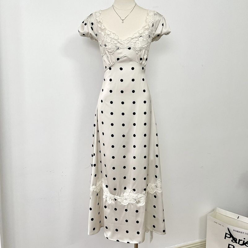 Absobe French Lace Patchwork Satin Polka Dot A-Line Maxi Dress For Women Elegant Backless Long Gown Chic Birthday Party Outfit_ecoleips.com