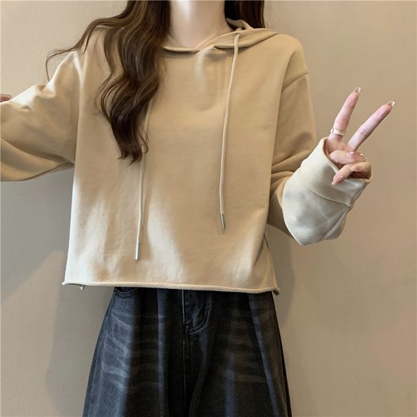 Real Shot Of Women's Autumn Winter Rolled Hem Long-sleeve Hooded Sweatshirt, Loose Short Style, For Independent_ecoleips.com