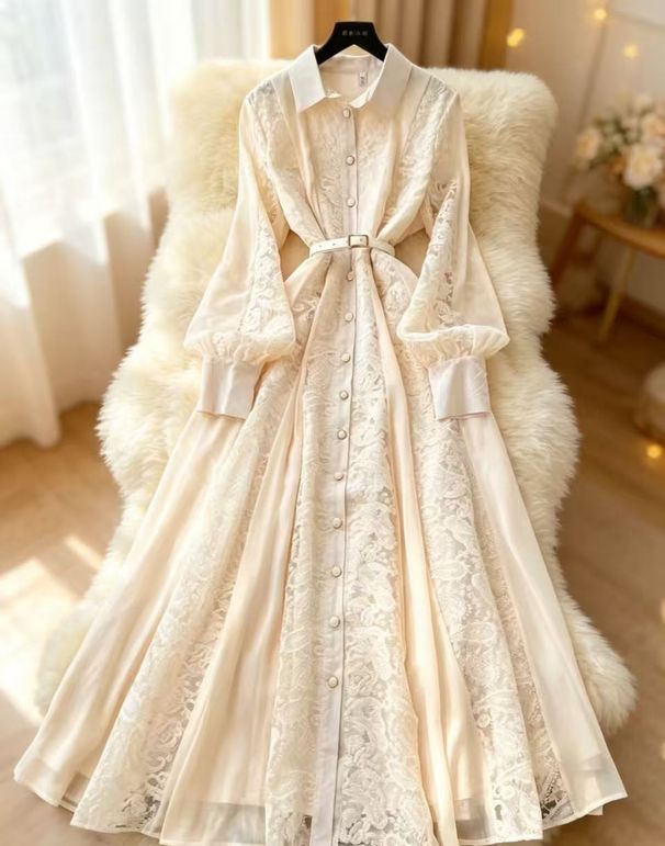 Women's European American Style Long Sleeve Fitted Waist Tie A-Line Maxi Dress Heavy Embroidery Beaded Lace New_ecoleips.com