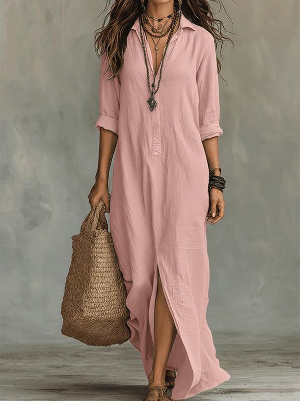 Women's Summer Casual V Neck Maxi Dress Loose Beach Style Linen Feelings Slit Fashion 2026 New Cross Border Resort_ecoleips.com
