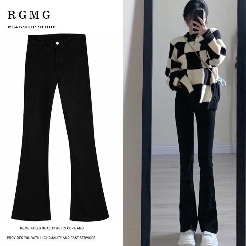 Women's Flared Jeans 2023 New Spring And Autumn High-waisted Slim-fit Black Bootcut Pants For Petite Figures_ecoleips.com