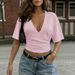 Summer Y2K Women's Casual Short Top T-Shirt Ruched Waist Slimming Deep V Neck Solid Color Style_ecoleips.com