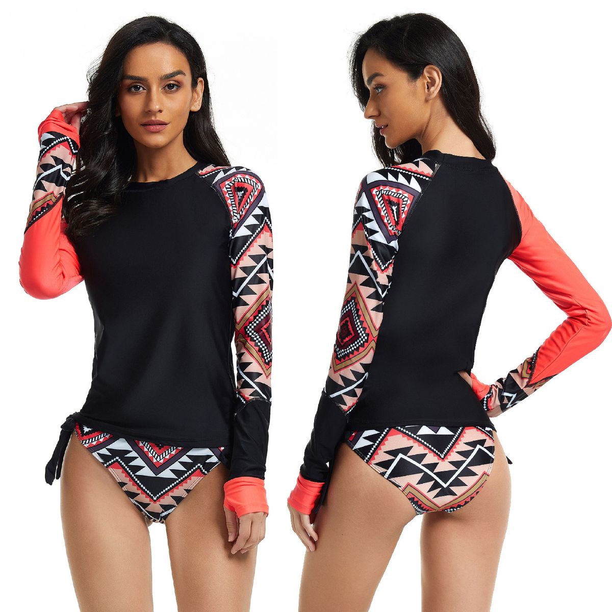 Women's Long-Sleeve Rash Guard & Swim Shorts Set – Geometric Print Surfing Outfit (Sky Blue/Yellow/Watermelon Red) – Upf 50+ Quick-Dry Fabric – S-2xl_ecoleips.com