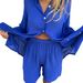 Women's Casual Solid Color Cotton And Linen Shorts Long Sleeve Wrinkled Shirt Two-Piece Set_ecoleips.com