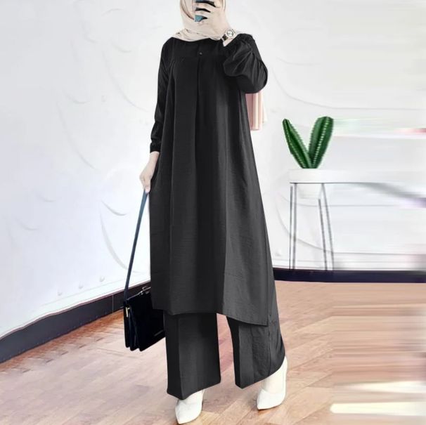 2025 Muslim Women's Two-Piece New Solid Color Long Sleeve Round Neck Shirt Robe Loose Wide-Leg Pants Set_ecoleips.com