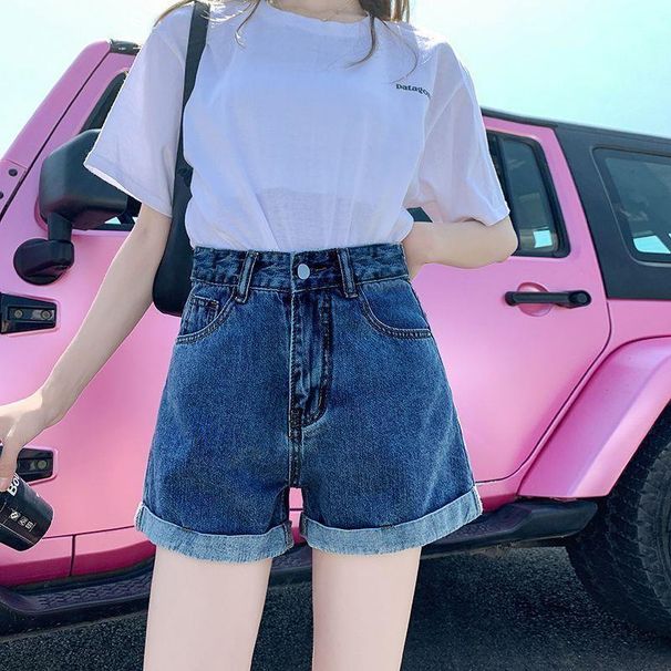 Light Blue Rolled Hem Denim Shorts For Women, 2026 Summer New Style, High-waisted, Loose-fitting, Slimming, Girl A-line_ecoleips.com