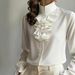 Women’s Office-Ready Blouse – Elegant Stand Collar With Ruffle Detail, Lightweight Polyester, Classic Beige (S-XXL)_ecoleips.com
