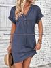 Summer Women's Clothing Fashionable Versatile Buckle V Neck Raglan Shoulder Rolled Sleeve Solid Color Dress 2026 American Style_ecoleips.com