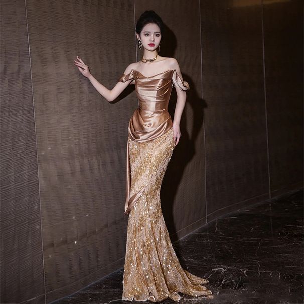 Women's Clothing One Shoulder Evening Dress Celebrity Fishtail Slim High End Light Luxury Niche Annual Meeting Dress_ecoleips.com