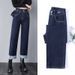 Dark Blue High-waisted Straight-leg Slim Jeans Women's 2025 New Autumn And Winter Small Narrow Version Wide-leg Mopping Pants_ecoleips.com