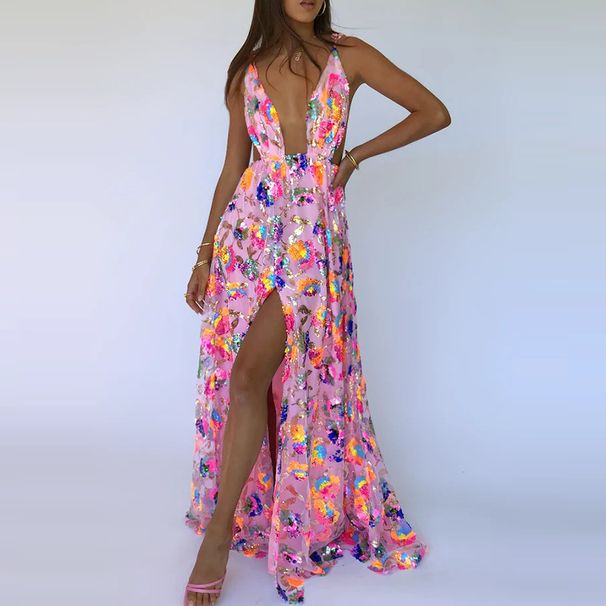 Fashion Sleeveless High Waist Split Long Dress New Summer Backless Slim Party Dresses Ladies Deep V Sequin Printed Evening Dress_ecoleips.com