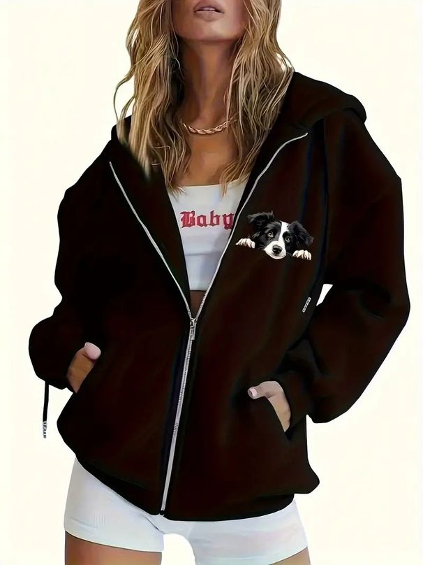 Women's Cute Puppy Zip Up Hoodie Girly Sweatshirt With Pocket Jacket Coat Print Casual Long Sleeve Top_ecoleips.com