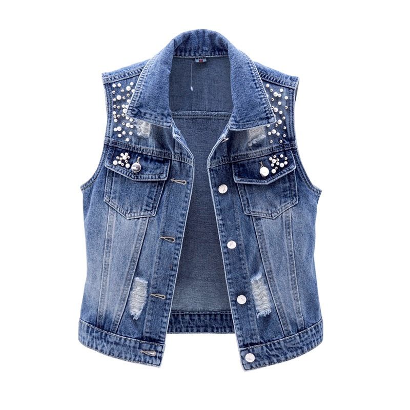 K Cowboy Vest Women's Short Style New Ripped Nail Bead Sleeveless Jacket Versatile Slim Fit Top_ecoleips.com