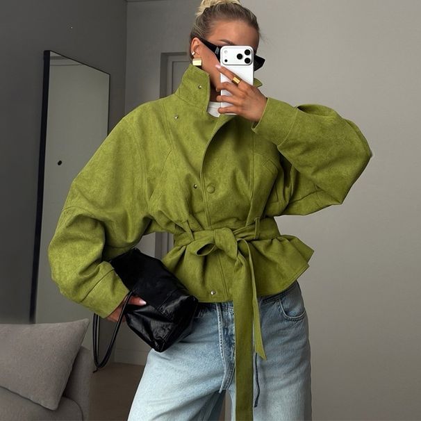 European And American Women's Clothing 2026 Autumn New Fashion Stand Up Collar Tied Waist Short Windbreaker Jacket_ecoleips.com